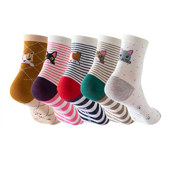 GDREDA Slouch Socks for Woman Womens Animal Themed Socks Five Pairs Set Stripes and Cats Cute Socks Daily Socks Multicolor,