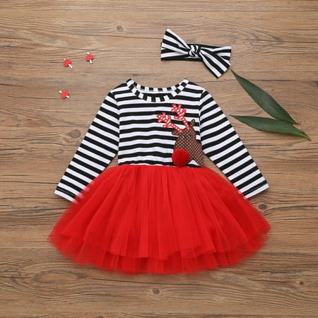 Christmas Truths XIAXAIXU Christmas Toddler Baby Girl Long Sleeve Striped Dress Xmas Reindeer Princess Party Tutu Dresses Costume ()