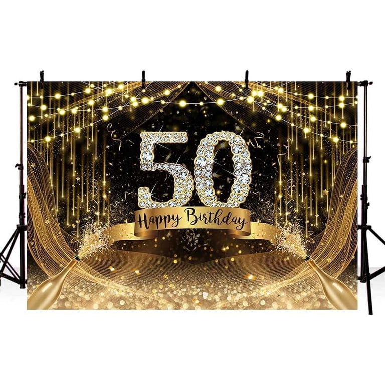 50th Birthday Decorations Happy Birthday Backdrop - Gold Glitter Black ...