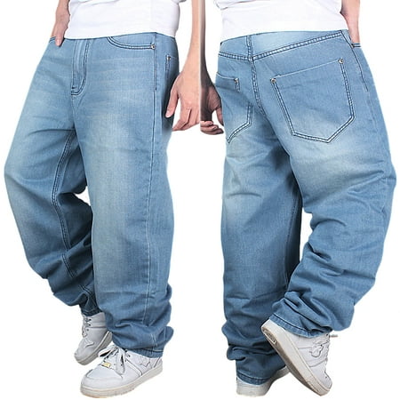 Men's Fashion Jeans Straight Plus size loose Denim Trouser HIPHOP Pants wash blue US Size 30 to