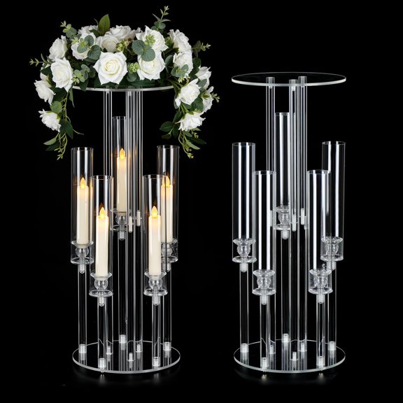 1PC 5 Arm Versatile Acrylic Candelabra With Flower Stand,23.6inch Elegant Clear Candle Holder And Acrylic Shade For Wedding Party Birthday Living Room Dining Table Centerpiece Decor, Only For LED Ca