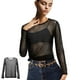 thumbnail image 1 of Blusa de malla transparente para mujer, cuello redondo, manga larga, malla, transparente, para fiesta, lisa, talla XL, 1 of 5