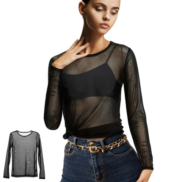 GOOHOCHY Top con transparencias, camisa ajustada, Top de malla, cuello redondo, Blusa de manga larga, camisa de malla, Top de Festival, ropa de discoteca para mujer, talla XL