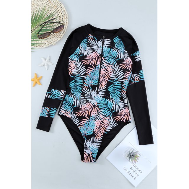 ABPHQTO Bañador de mujer Sky Blue Leaves Print Zip-up manga larga Surf Rash Guard
