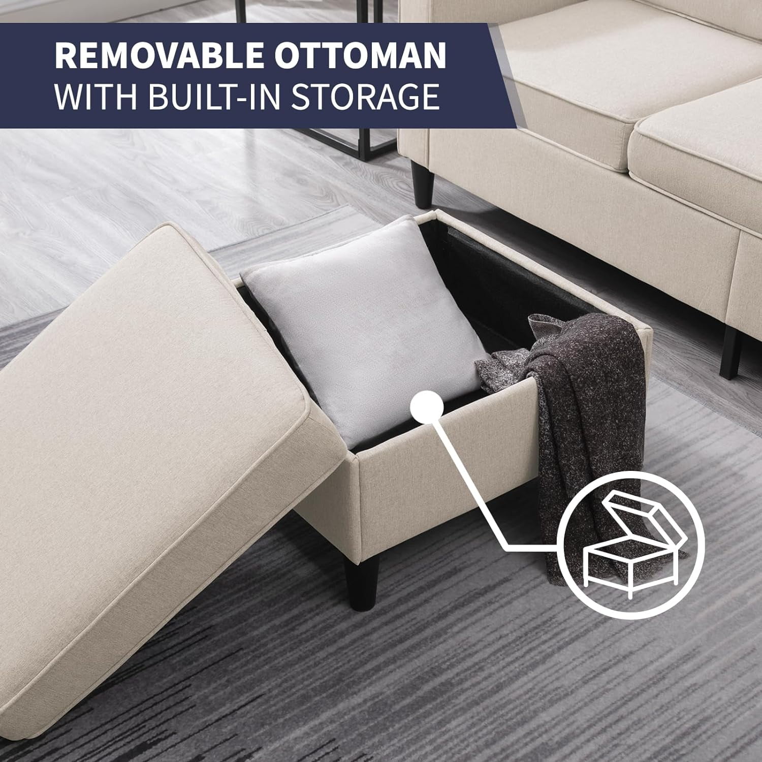ijuicy Sectional Sofa Set,2PCS Living Room Furniture Couch Sets with Movable Storage Ottoman & Side Pockets,Include Sofa,Chair,Beige