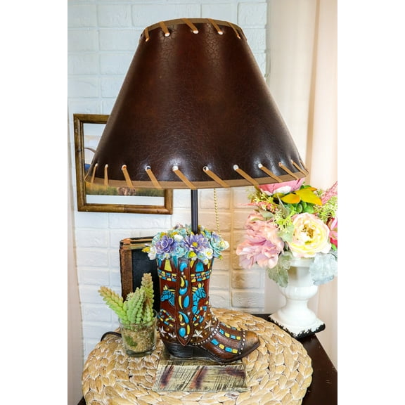 Rustic Western Faux Tooled Leather Floral Succulents Cowboy Boot Table Lamp