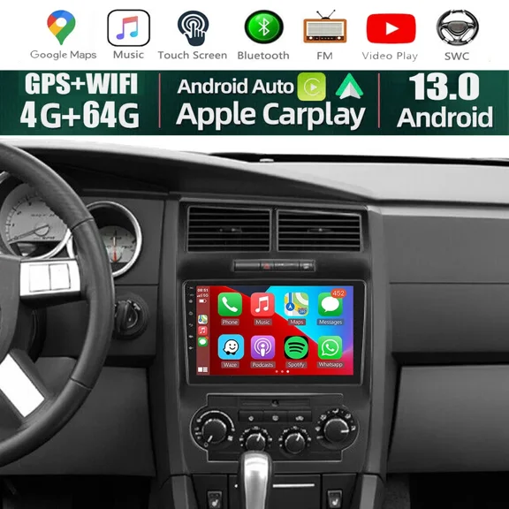 9" Android 13 Car Stereo Fit for Dodge Charger & Magnum 2005-2007, 4 64GB, Wireless CarPlay & Android Auto, Built-in GPS Navigation, AHD Backup Camera, Split Screen, SWC, WiFi/Bluetooth