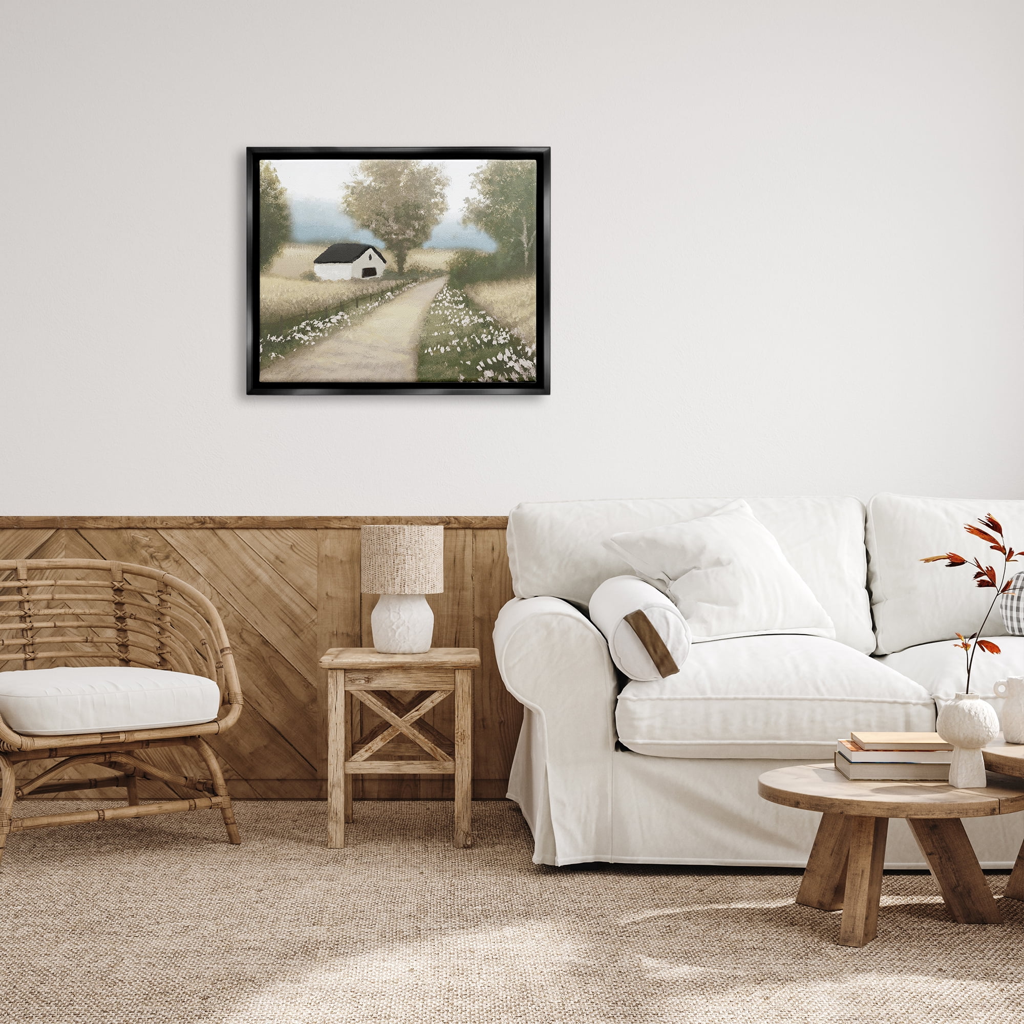 Stupell Industries Subtle Cottage Path Landscape Painting Black Floater Framed Canvas Art Print Wall Art, 31 x 25