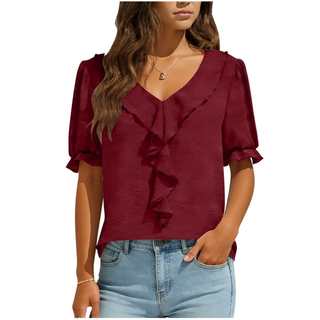 Camisas de Manga Corta para las Mujeres Blusa de Suéter de Cuello en V Casual para las Mujeres, Top de Estiramiento Suave para Uso Diario Y de Fiesta
