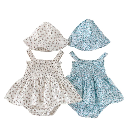LYMAYTER‌ 3-24M ‌Infant Girls Summer Sleeveless Jumpsuit Hat Set Floral Print Smocked Bubble Romper