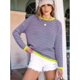 thumbnail image 5 of Womens Sweaters Long Sleeve Crew Neck Color Block Striped Casual Knitted Pullover Tops Pink Blue M, 5 of 7
