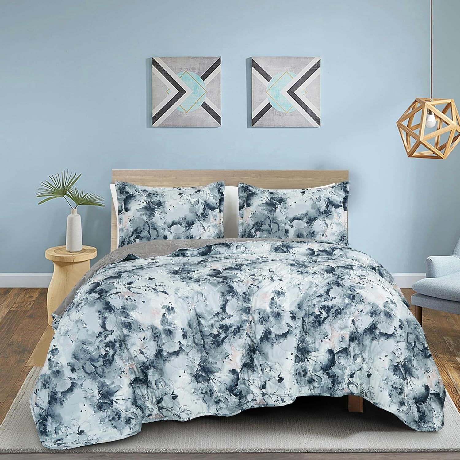 Chezmoi Collection Glory 3-Piece Floral Quilt Set Queen, Multicolor Blue White Gray Waterbrush Printed Microfiber Lightweight Bedspread Set for All season