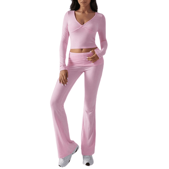LYMAYTER Women 2 Piece Sets Summer Long Sleeve Tracksuit Suit for XS-XL Casual Flare Pants Outfits