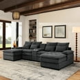 thumbnail image 6 of 130" U-Shaped Modular Sectional Sofa, Oversized Cloud Couches with Storage Console & Cup Holders, Comfy Linen Sofa with Chaise/8 Pillows, 6-Seater Deep Seat Couches for Living Room, 6 of 14