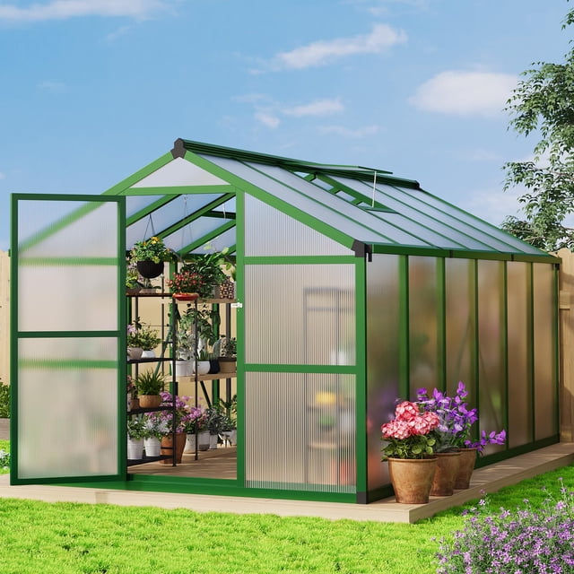 Yiwa Walk-In 8x12 FT Polycarbonate Greenhouse, Sturdy Aluminum Frame, Swing Door & Vent Windows for Backyard