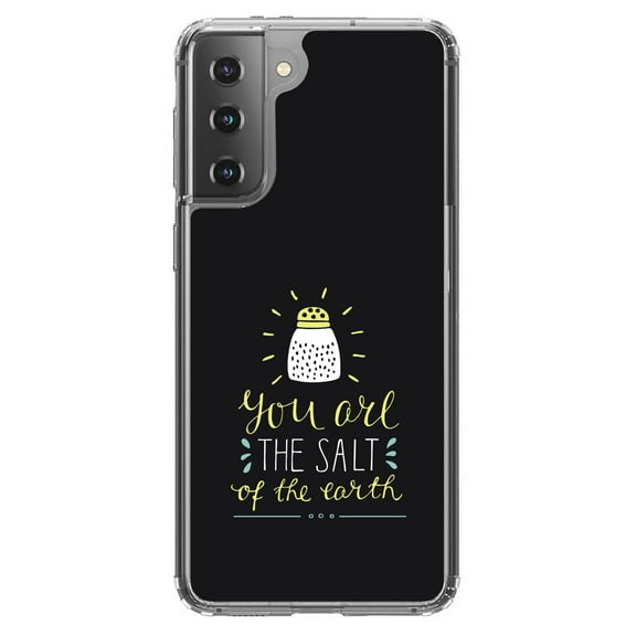 DistinctInk Clear Shockproof Hybrid Case for Galaxy S21 5G (6.2" Screen) - TPU Bumper, Acrylic Back, Tempered Glass Screen Protector - You Are the Salt of the Earth - Black Yellow
