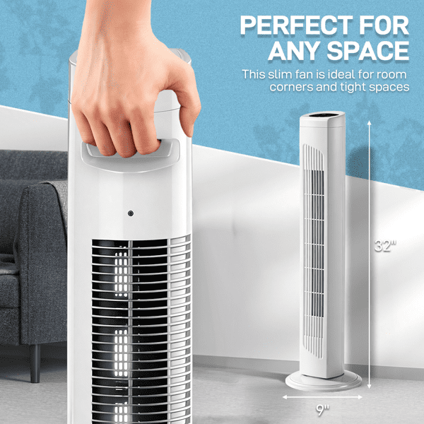 Alvantor 32-Inch Oscillating Tower Fan with Remote, 3 Speeds, 3 Modes and 7.5-Hour Timer, White