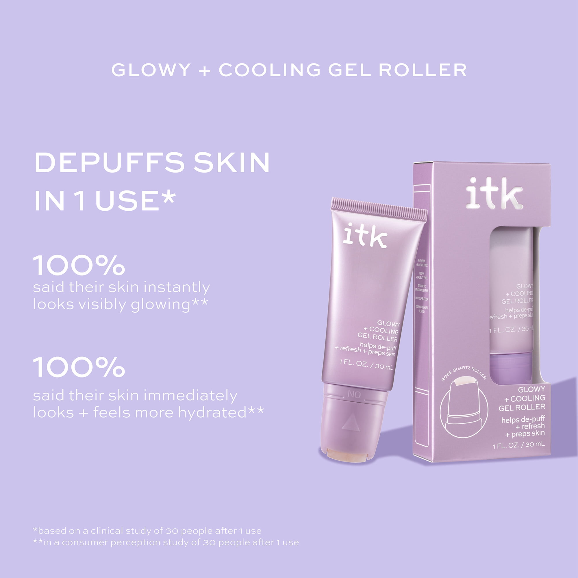ITK Skincare Cooling Gel Serum Roller, Hydrating Skincare, Niacinamide + Caffeine, 1fl oz