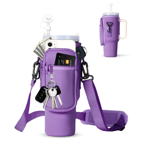 Cysiyu Water Bottle Carrier Bag with Phone Pocket for Stanley 46oz Tumbler Neoprene Water Bottle Holder Pouch with Adjustable Strap Bollus with Straw Cover & Carabiner for Stanley Cup Accessories
