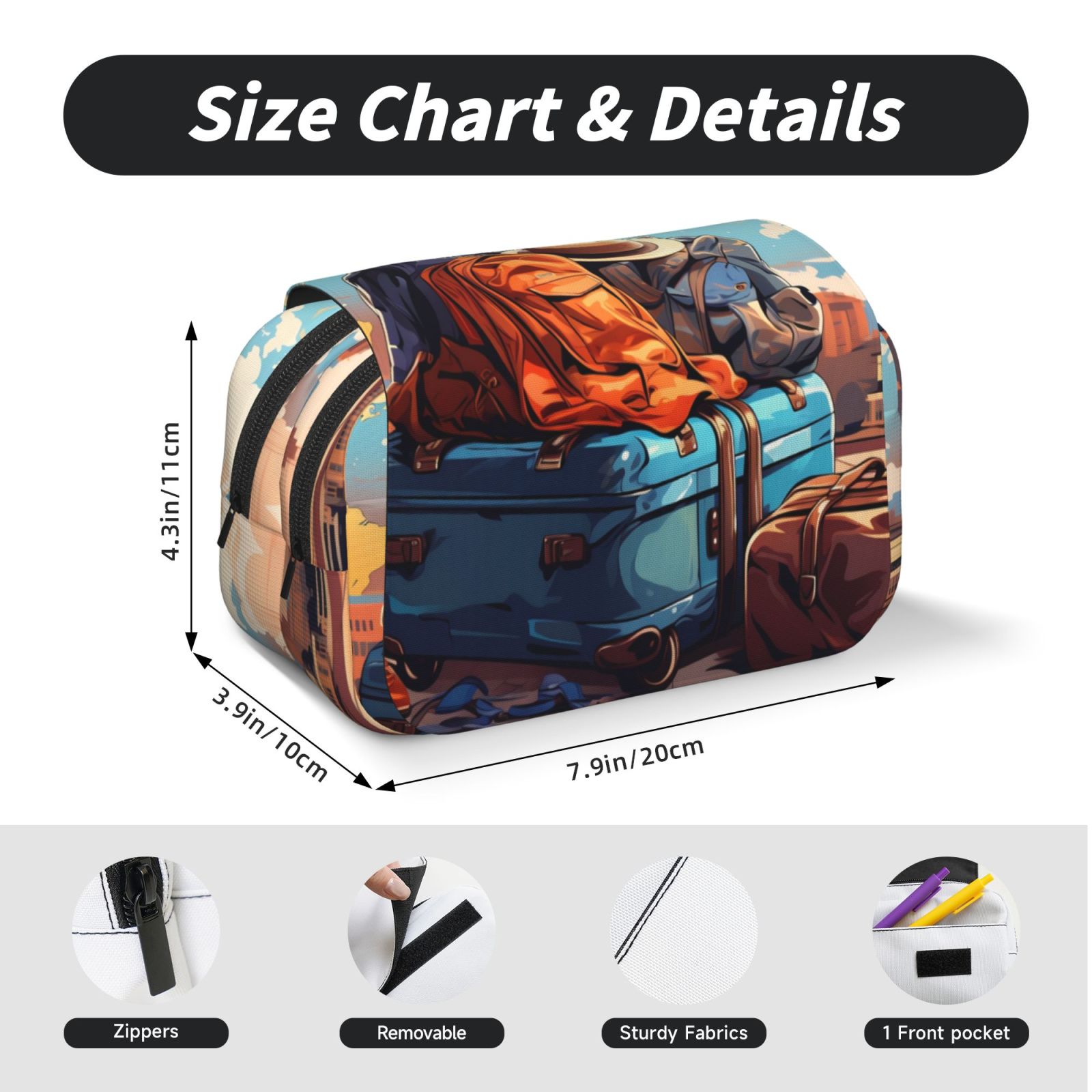 Rateoe Colorful Travel Luggage Gear Pattern Double Clamshell Pen Case, Storage Organizer with Two Zipper Compartments– Holds Up to 50 Pencils & Pens