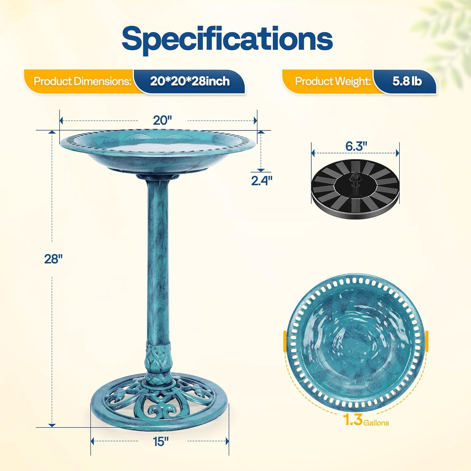 SPECSTAR Bird Bath, Polyresin Antique Outdoor Blue Garden Birdbath and Solar Powered Round Pond Fountain Combo Set