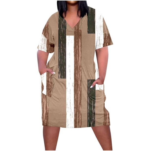 Vestido Corto de Verano Moda Grande Impresión de Manga Corta Cuello en V Bolsillo Mini Vestido para Casual Y Diario