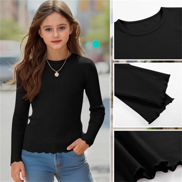 Camisas lisas de manga larga para niñas, lindas blusas casuales elegantes con cuello redondo, ropa, camisas de cuello redondo, top de poliéster para niñas