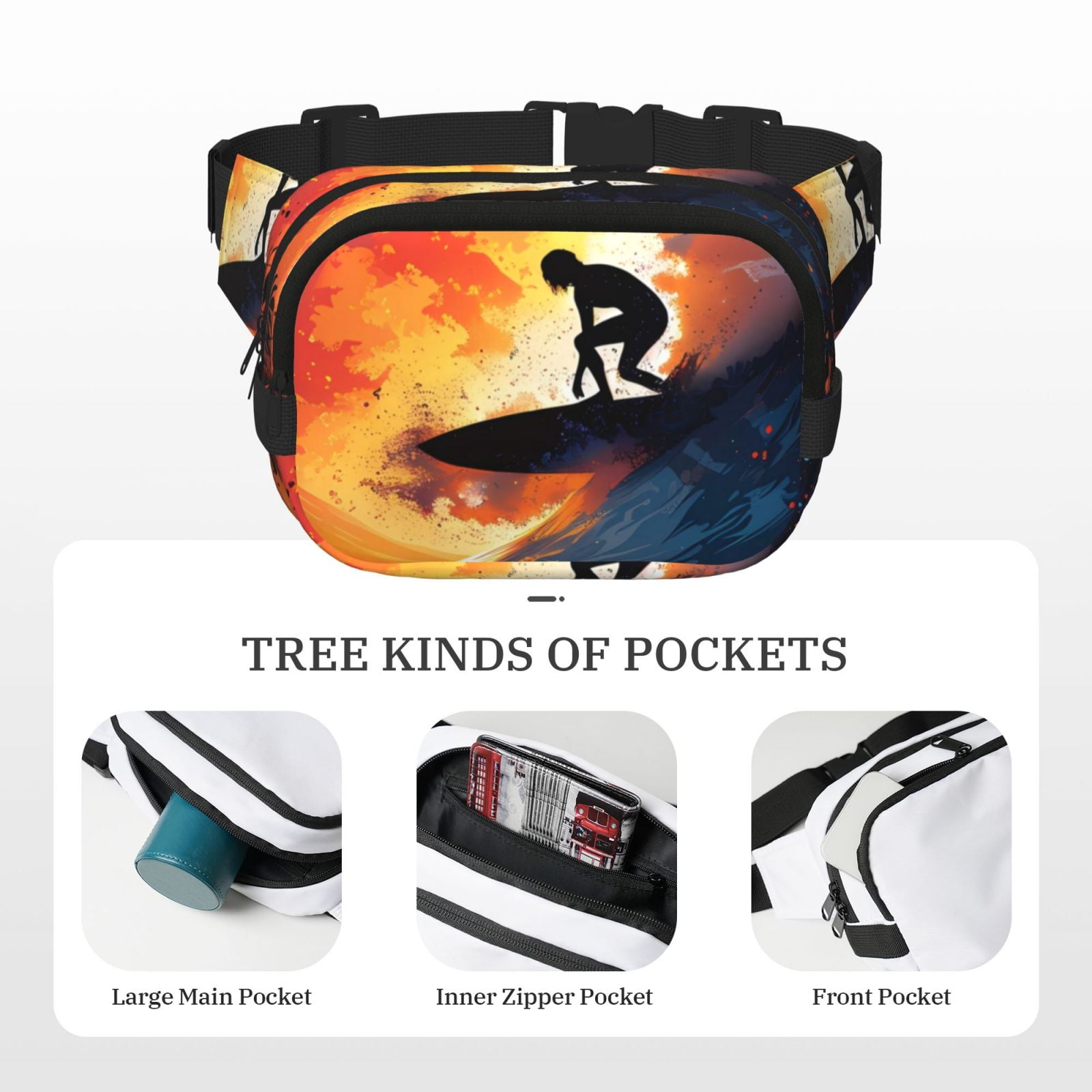 Picia Sunset Surfing Silhouette Print Square Double-Layer Waist Bag Mini Adjustable Waist Belt Bag Exercise Running Travel Hiking