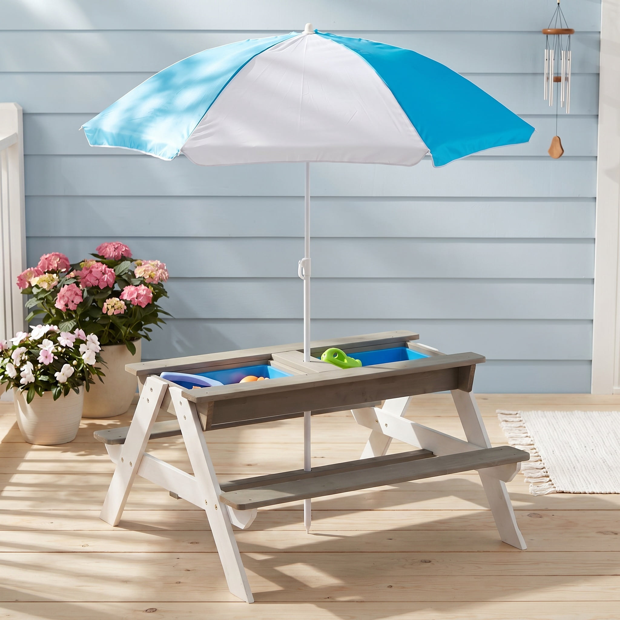 Wooden Kids Picnic Table, Sand and Water Table with Umbrella, Activity Table for Outdoor Backyard Patio Play