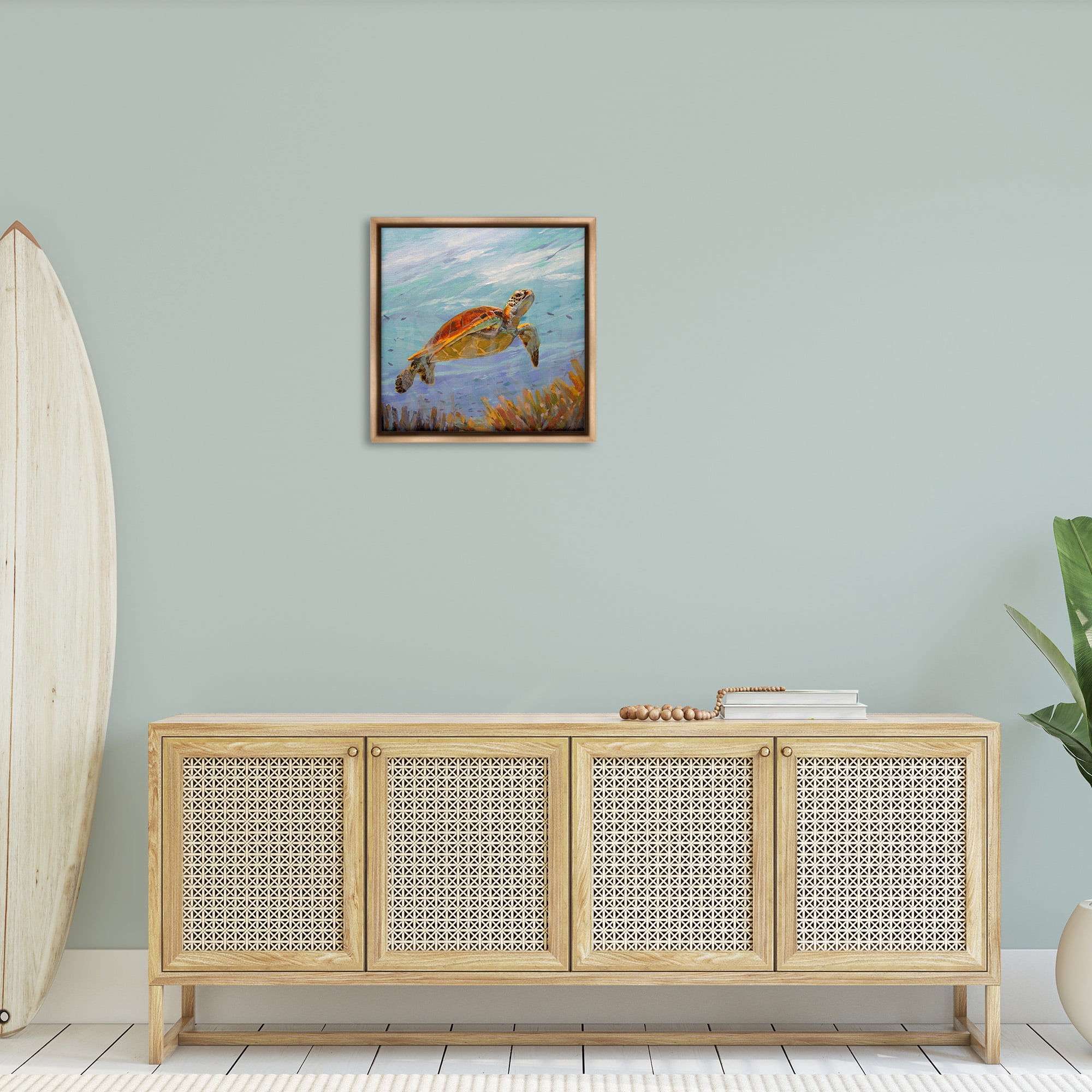 Stupell Industries Turtle Among Coral Reef Animals & Insects Painting Brown Floater Framed Canvas Art Print Wall Art, 25 x 25