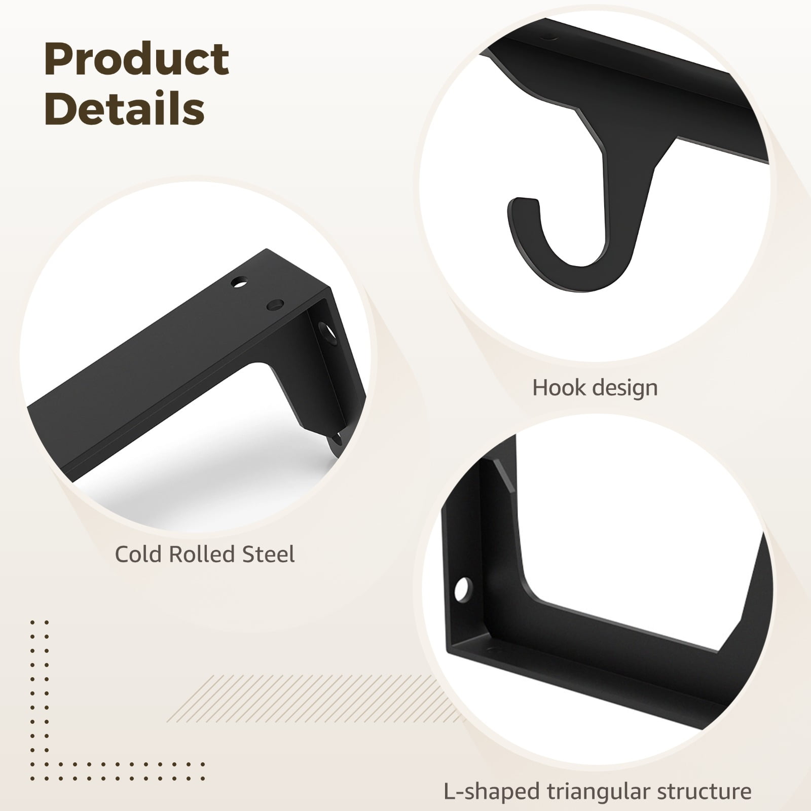 4PCS Heavy Duty Closet Rod Bracket, 12" Wall Mounted Shelf Brackets with Integrated Hook, L-Shaped, Cold Rolled Steel Clothes Hanging Rod Holder with Screws