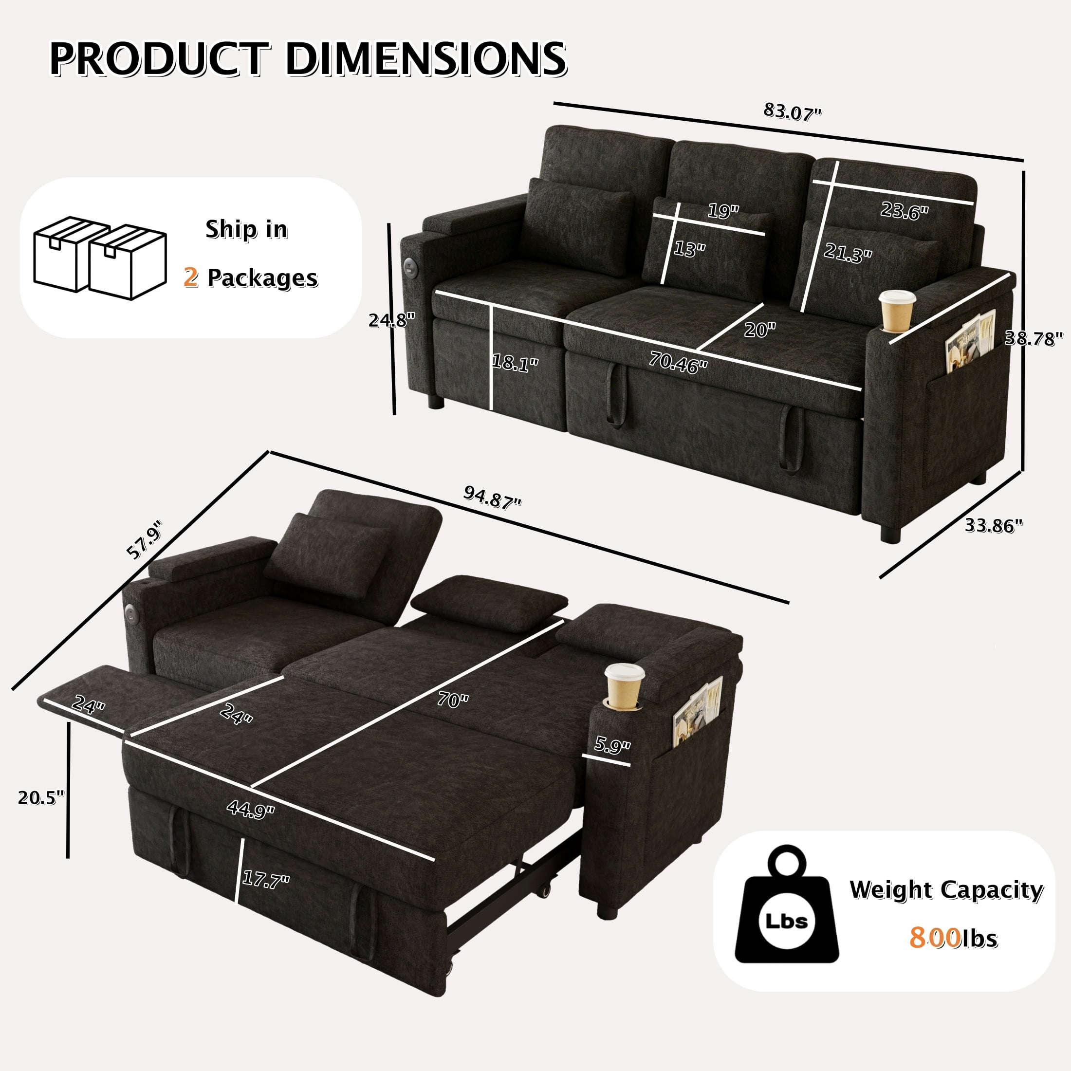 ShiKeyi 83" 3-in-1 Convertible Sofa Bed, Chenille 3 Seater Couch with Sleeper Sofa Function, Adjustable Backrest, USB Ports & Storage Armrests, Black