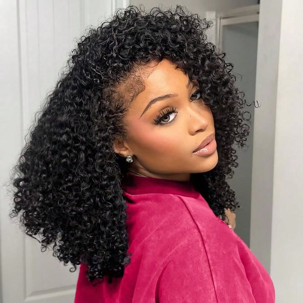 4x4 Wear and Go  Lace Closures Wigs Human Hair Natural Black Color Kinky Curly  Bob Human Hair Wigs for Black Women  Wet and Wavy Human Hair Bob Wigs ,No glue,easy to wear