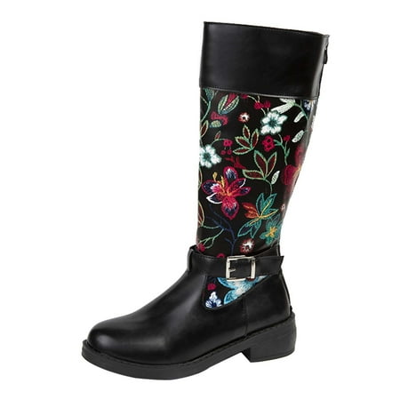 

jsaierl Vintage Embroidery Mixed Color Leather Shoes Woman Knee High Boots Autumn Winter Boots Thick Heels Platform Long Boots