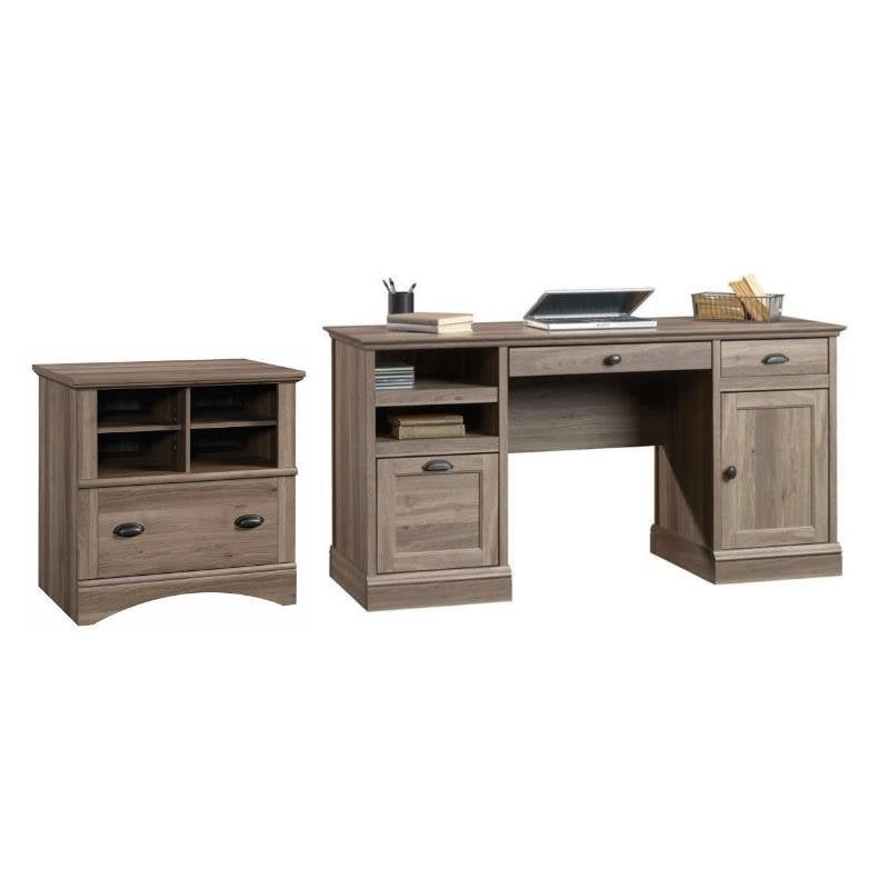 Lateral File Cabinet Set In Salt Oak, Desk With Lateral File Cabinet