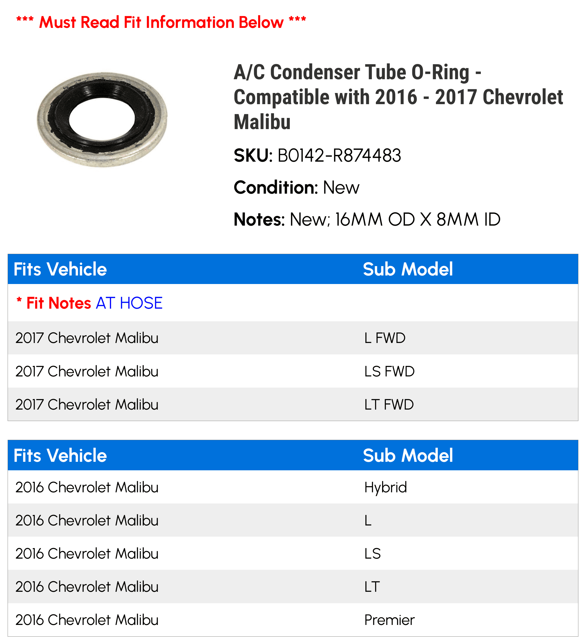 A/C Condenser Tube O-Ring - Compatible with 2016 - 2017 Chevrolet Malibu - AC Delco
