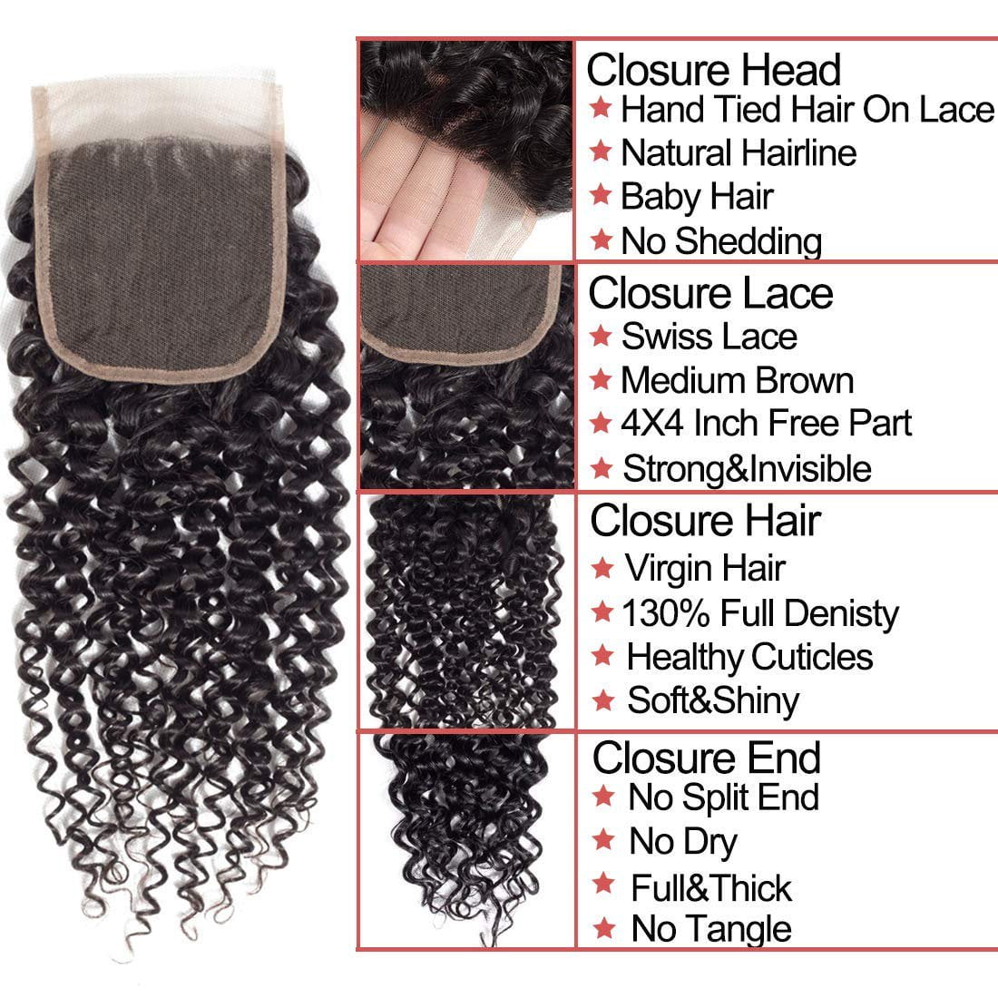 Jerry Curly Human Hair 3 Bundles with 4x4 Lace Closure Pre-Plucked 100% Unprocessed Brazilian Hair Weave Bundles Natural Black Color: 20"22"24"+ Closure 22"