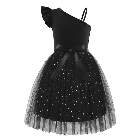 Arshiner Girls Party Dresses Summer One Shoulder A-Line Dress Shinny Formal Birthday Tulle Dress with Belted