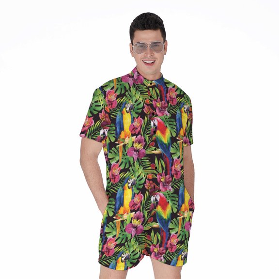 Watercolor Parrot Pattern Short Sleeve Men'S Rompers, Tropical Floral Hawaiian Parrot Casual Summer Jumpsuits Outfit