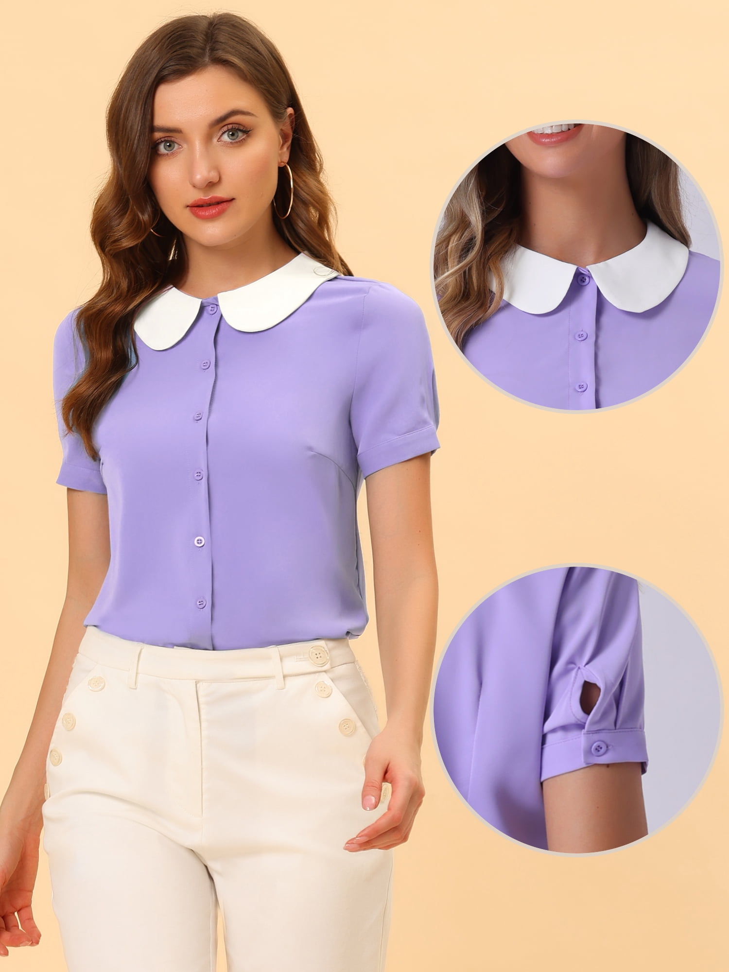 DARING DIVA Women's Contrast Collar Button Down Chiffon Blouse L Light Purple