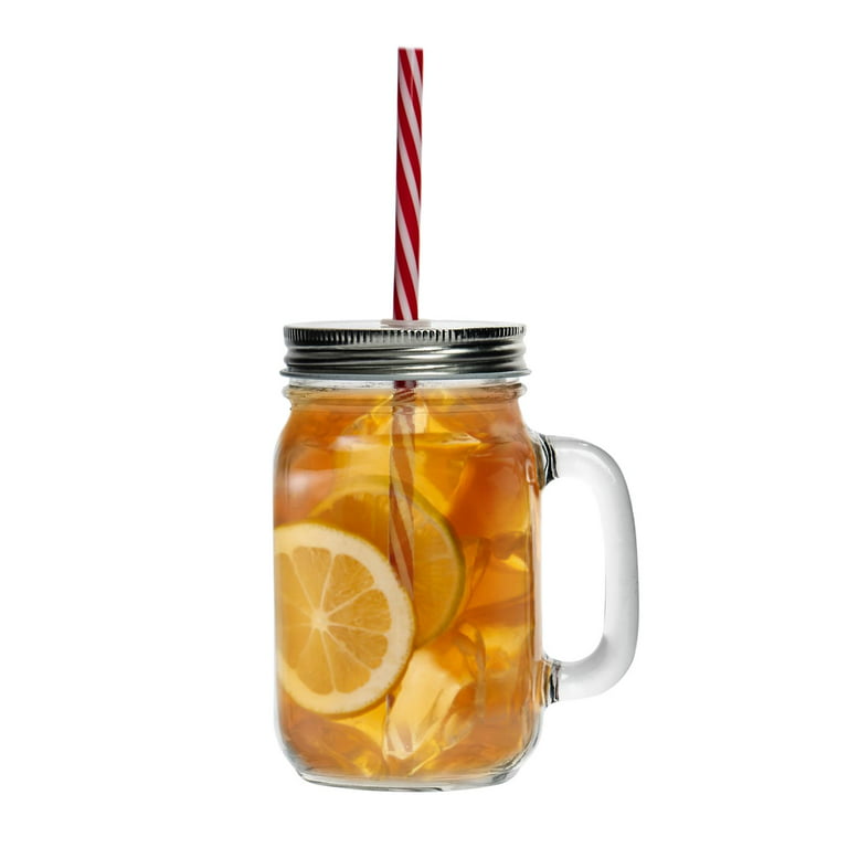 Pack of 4 450ML Glass Transparent Fruit Juice Mason Jar with Lid & Straw