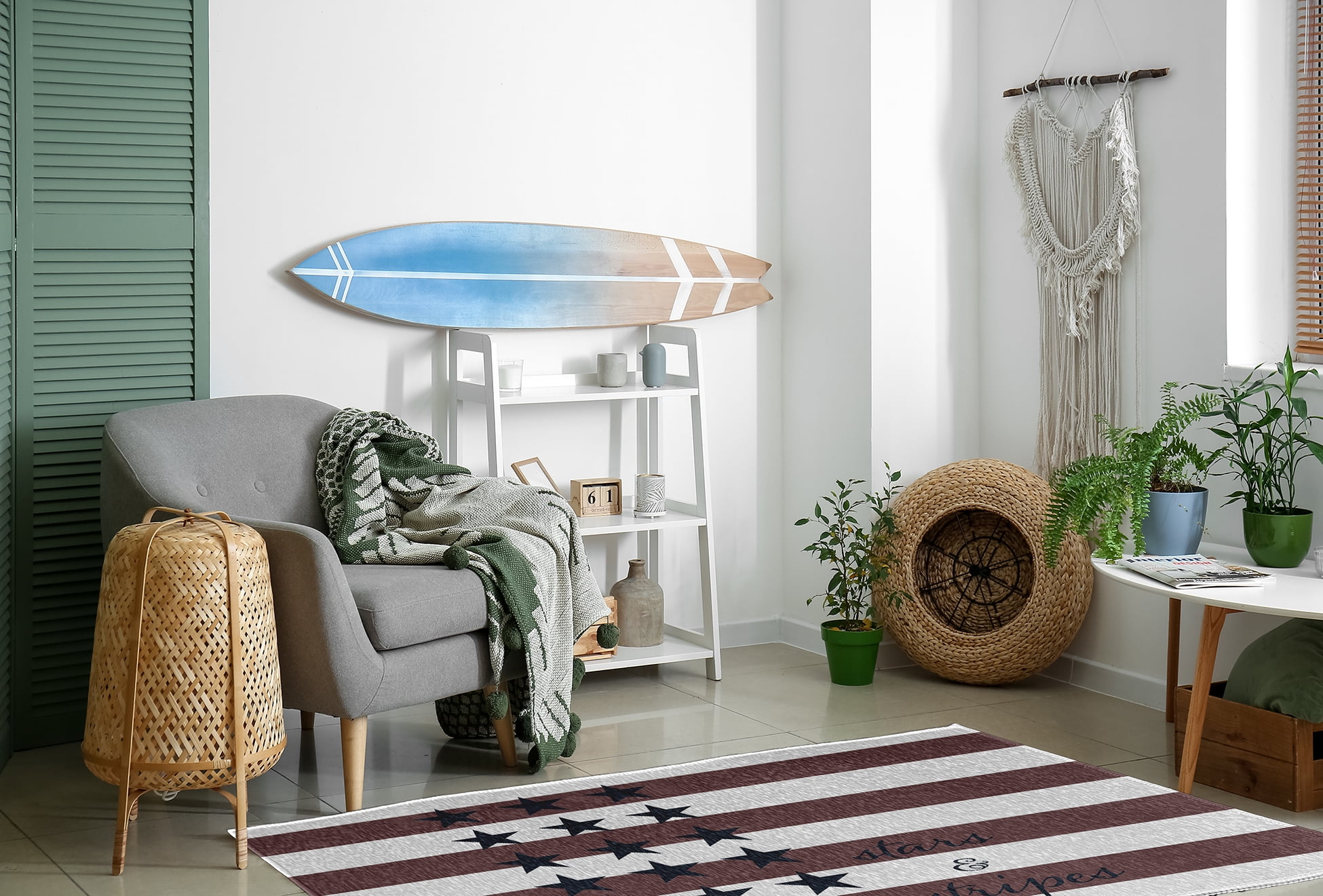 4' x 6' Simply Daisy Stars and Stripes with Words Americana Chenille Area Rug, Blue-Red