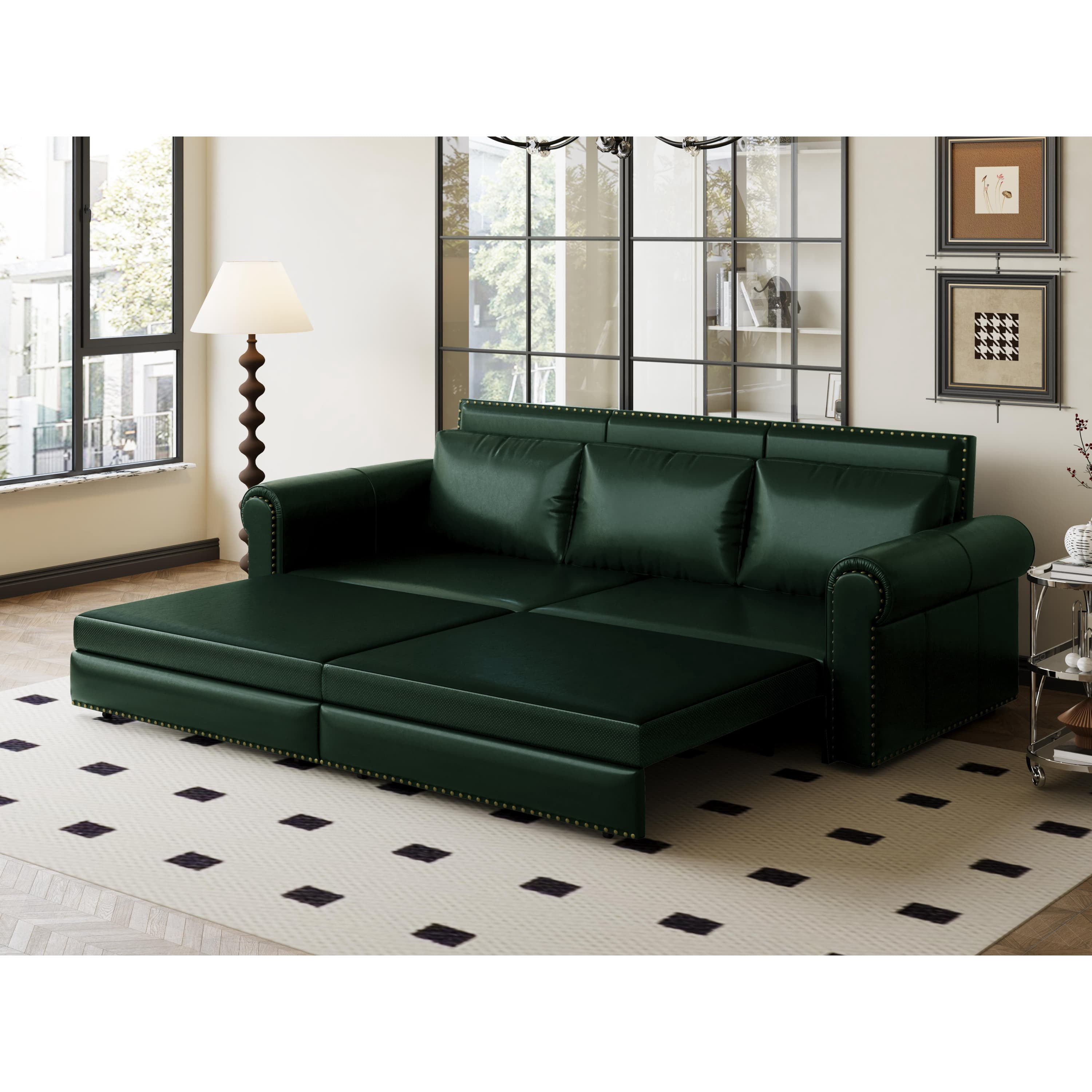 Chesterfield Sofa,93.7" King Pull Out Sofa Bed,3-in-1 Faux Leather Convertible Sleeper Sofa with Nailhead Trim & Rolled Arm,Multi-Functional Sofa Bed for Living Room,Bedroom
