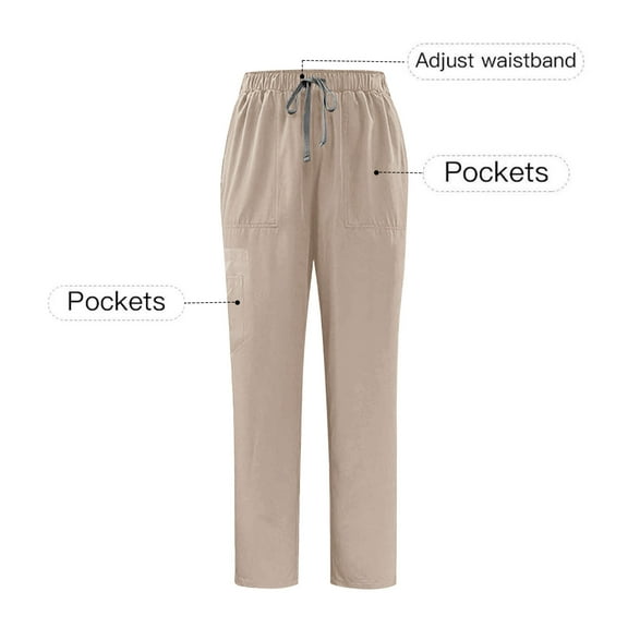 Womens Wide Leg Pants Men's Straight Leg Scrubs Pants Womens Lightweight Stretchy Casual Drawstring Elastic Waist Workwear Nursing Pants with Pockets Khaki M