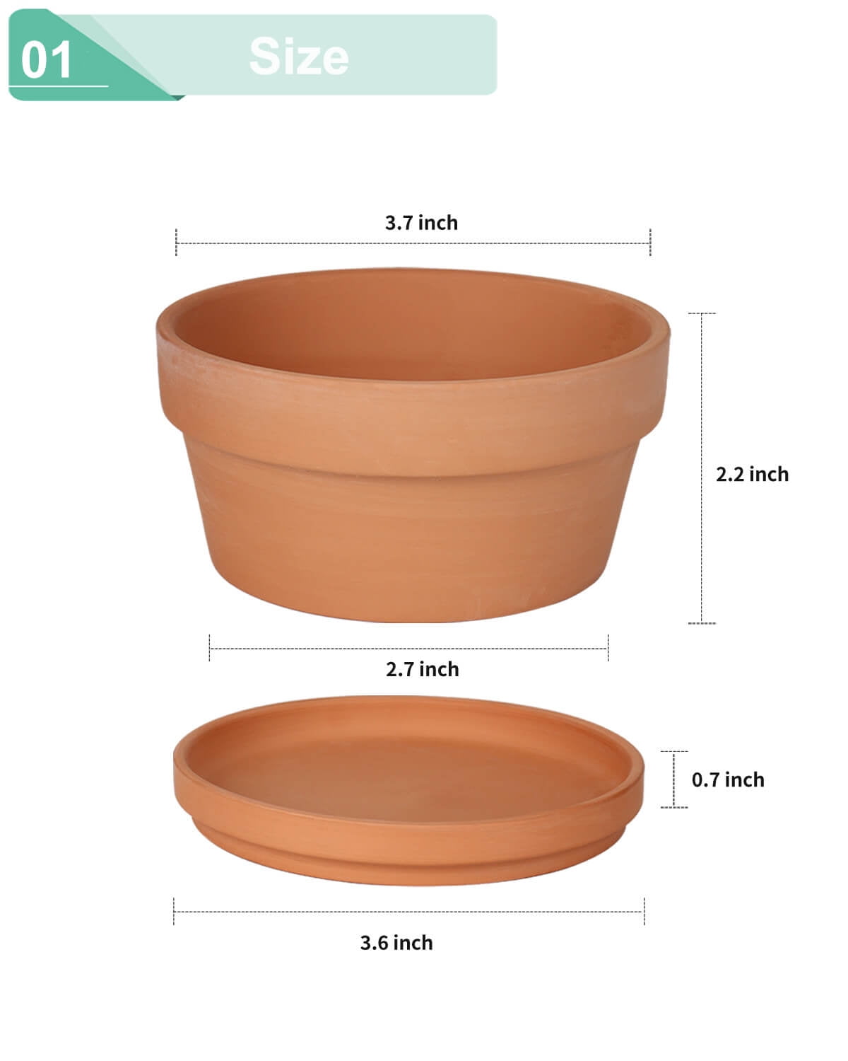 3.7 Inch Terracotta Shallow Succulent Pot - 6 Pack Terra Cotta Clay Pots with Saucer, Cacuts Terra-Cotta Indoor and Outdoor Planters with Drainage Hole