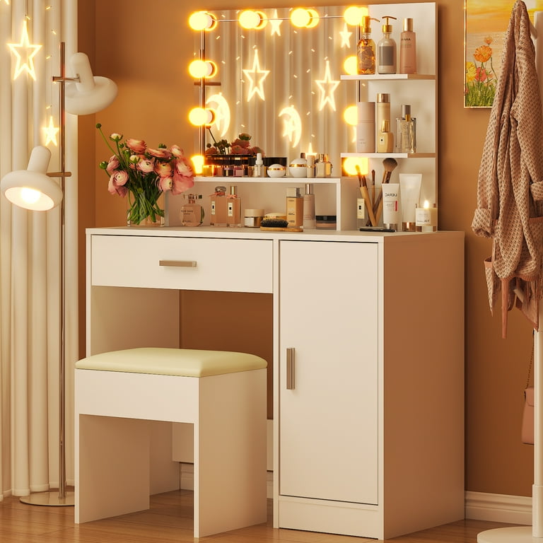 Ktaxon Vanity Set, White Dressing Table with 3-Color Lighted