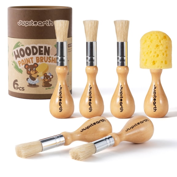 JUPITEARTH Jumbo Paint Brushes, Easy Grip Round and Sponge Toddler Paint Brushes with Natural Wood Handles for Washable Paint and Acrylic Paint, 6 Pcs