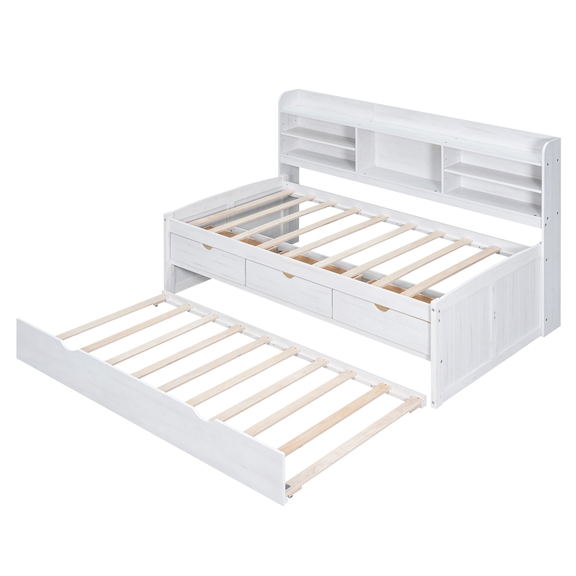 EUROCO Twin Size Captain Bed, Daybed with Trundle and Bookcase,Drawers and Shelf Platform Bed, White