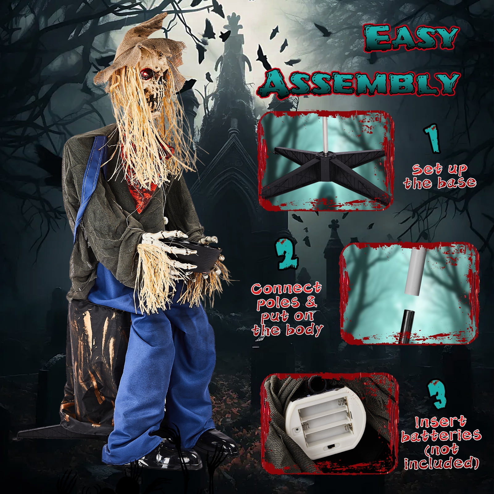 Astoutdoor 4.5 ft Halloween Sitting Scarecrow Decoration with Red Light-Up Eyes, Sound-Activated Head Movement, Male Voice, Detachable Bucket, Battery Operated
