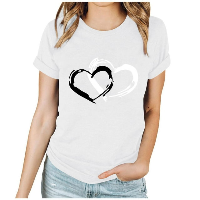 BLVB T-Shirts de la Saint-Valentin pour Femmes Cœur Mignon T-Shirts Graphiques Décontractés Col Rond Manches Courtes Hauts Cadeaux Tee pour Elle